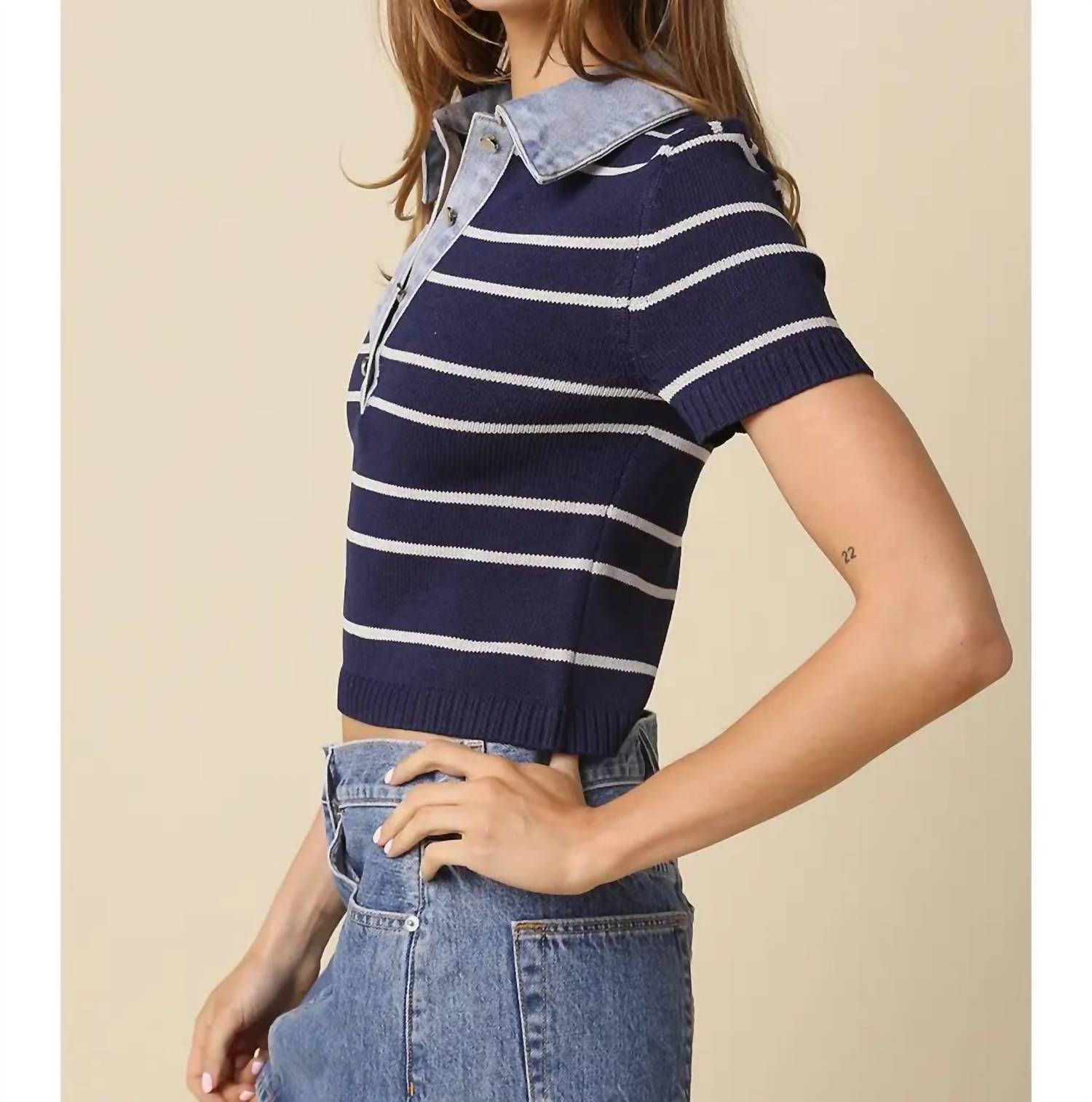 Olivaceous - Leni Striped Contrast Denim Collar Top