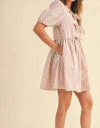 Miou Muse - Stripe With Bow Tie Front Short Sleeve Dress