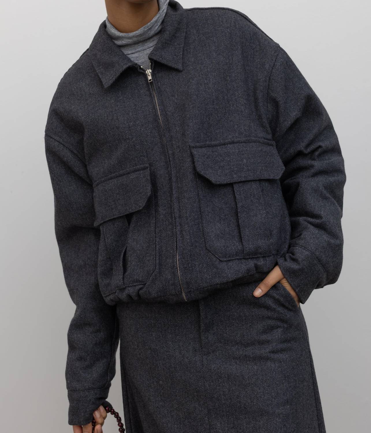 Collective - Herringbone Collared Quilted Bomber Jacket
