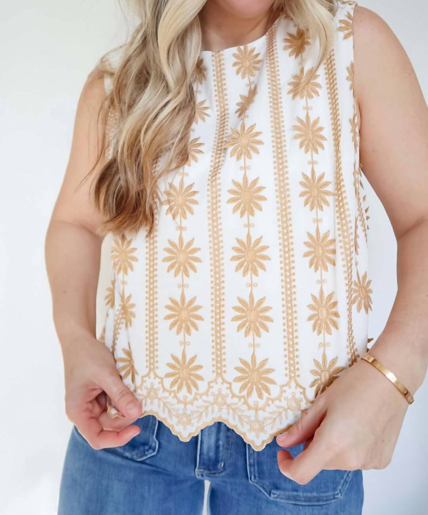 Flying Tomato - Bridget Embroidered Sleeveless Top with Scalloped Hem