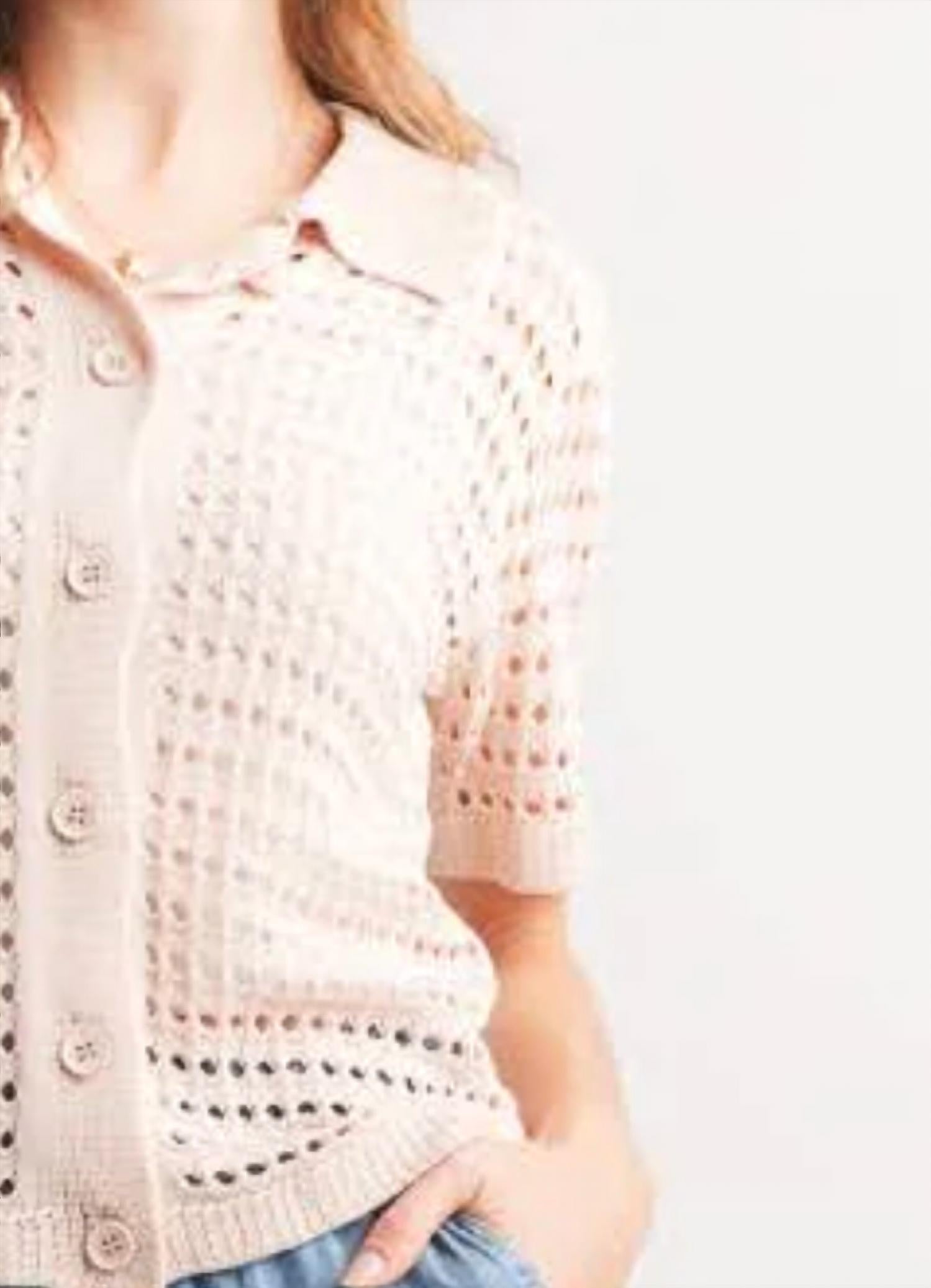 Papillon - Open Knit Short Sleeve Button Front Sweater