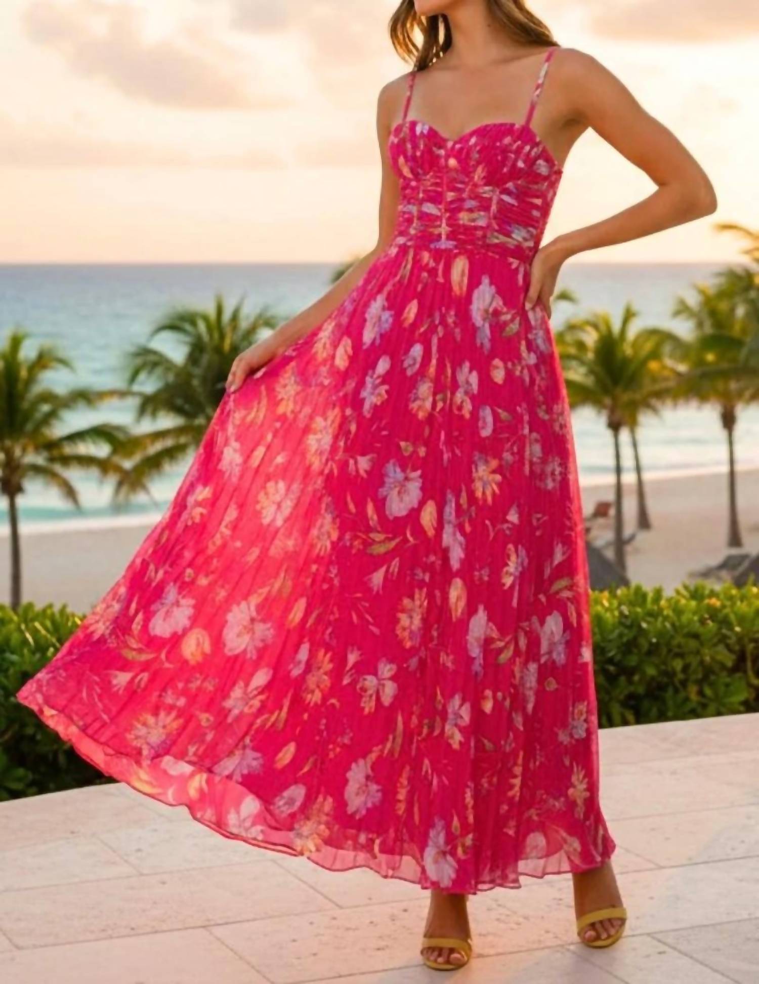 Ina Fashion - Lourdes Floral Bustier Pleated Maxi Dress