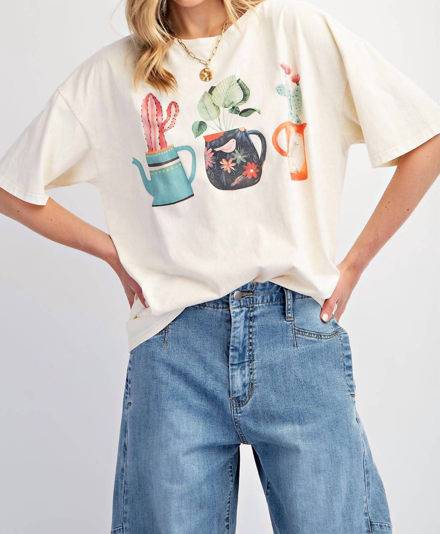 Easel - T-shirt With Graphic Cactus Planted In Tea Pots