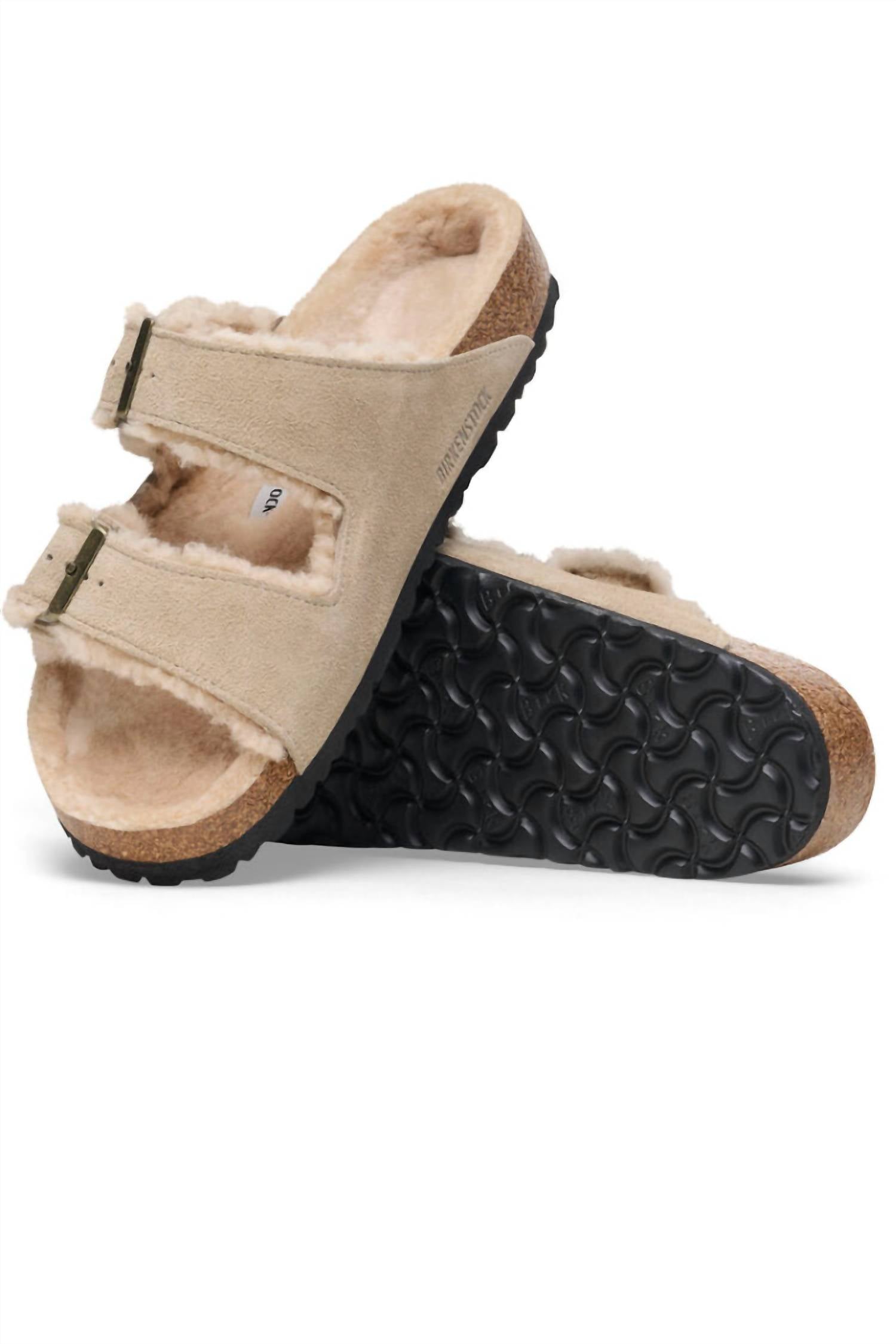 BIRKENSTOCK Unisex Arizona Shearling Suede Sandals in taupe - women's sandal - detail view