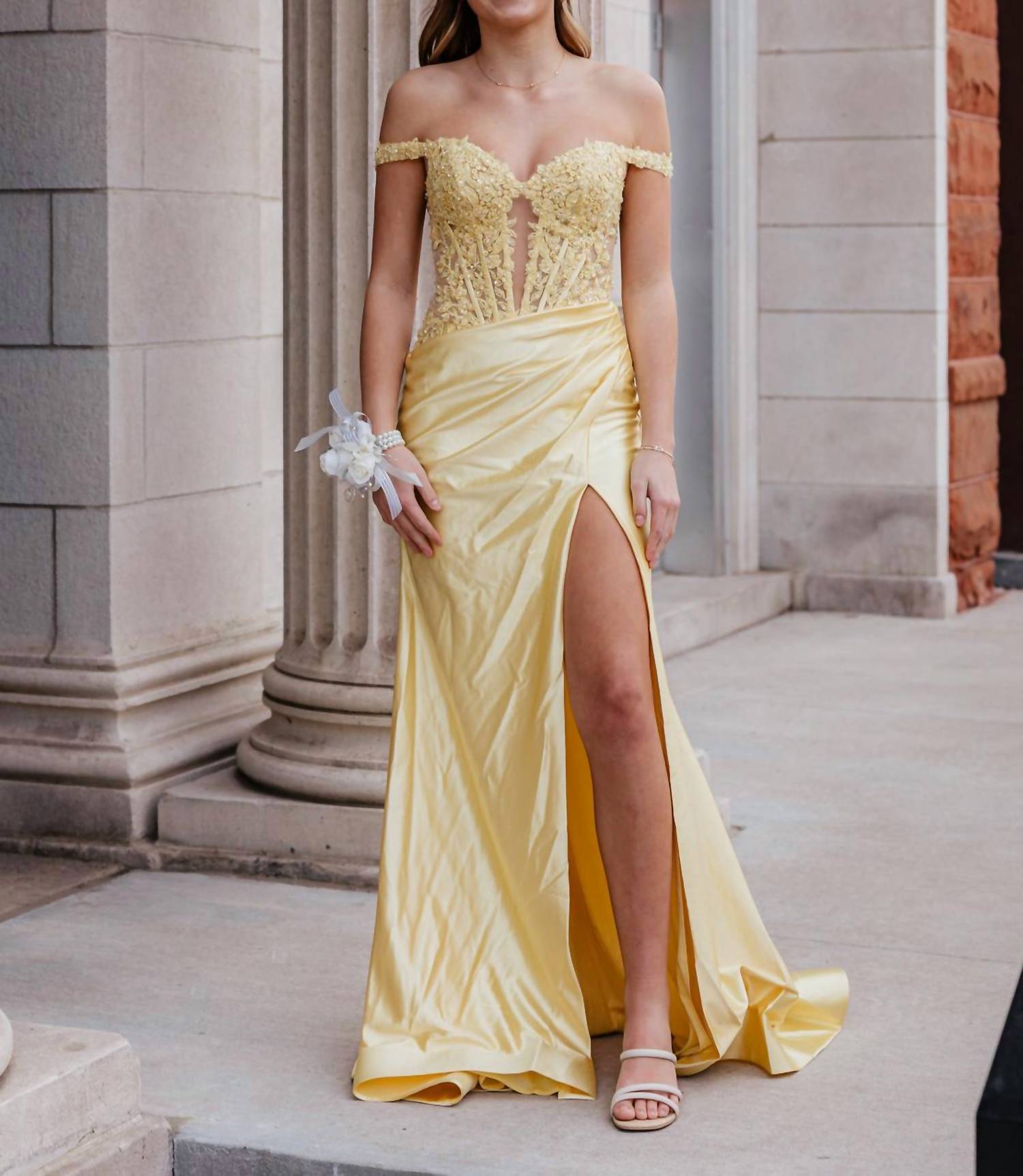Sherri Hill Off The Shoulder Fitted Prom Dress in yellow - women's dress - detail view