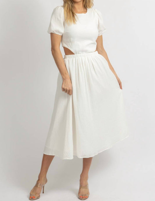 PUFF SLEEVE WAIST CUTOUT MIDI DRESS