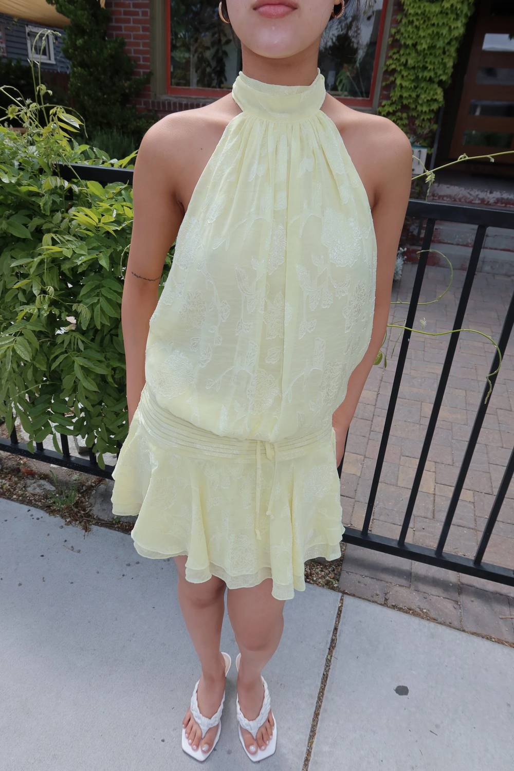 Sky To Moon - Floral Embossed Halter Open Back Mini Dress