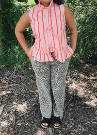 Geegee - Stripe Front Tie Peplum Top Sleeveless