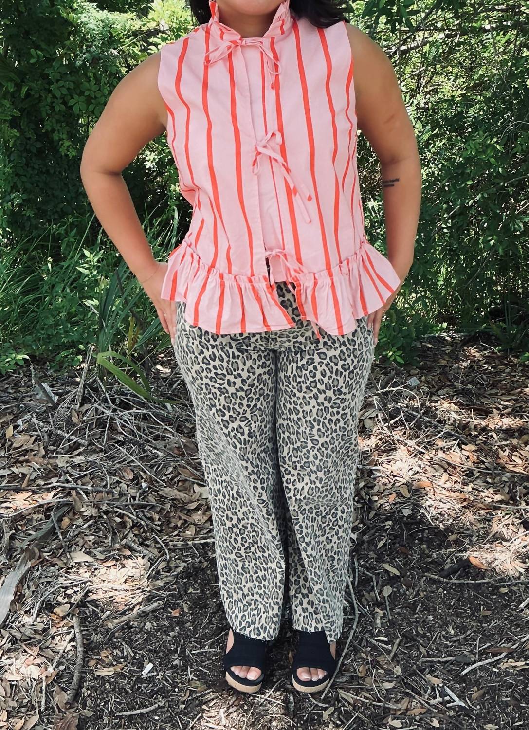 Geegee - Stripe Front Tie Peplum Top Sleeveless