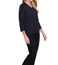 Multiples 3/4 Sleeve V Neck Top in black - women's long sleeve top - detail view