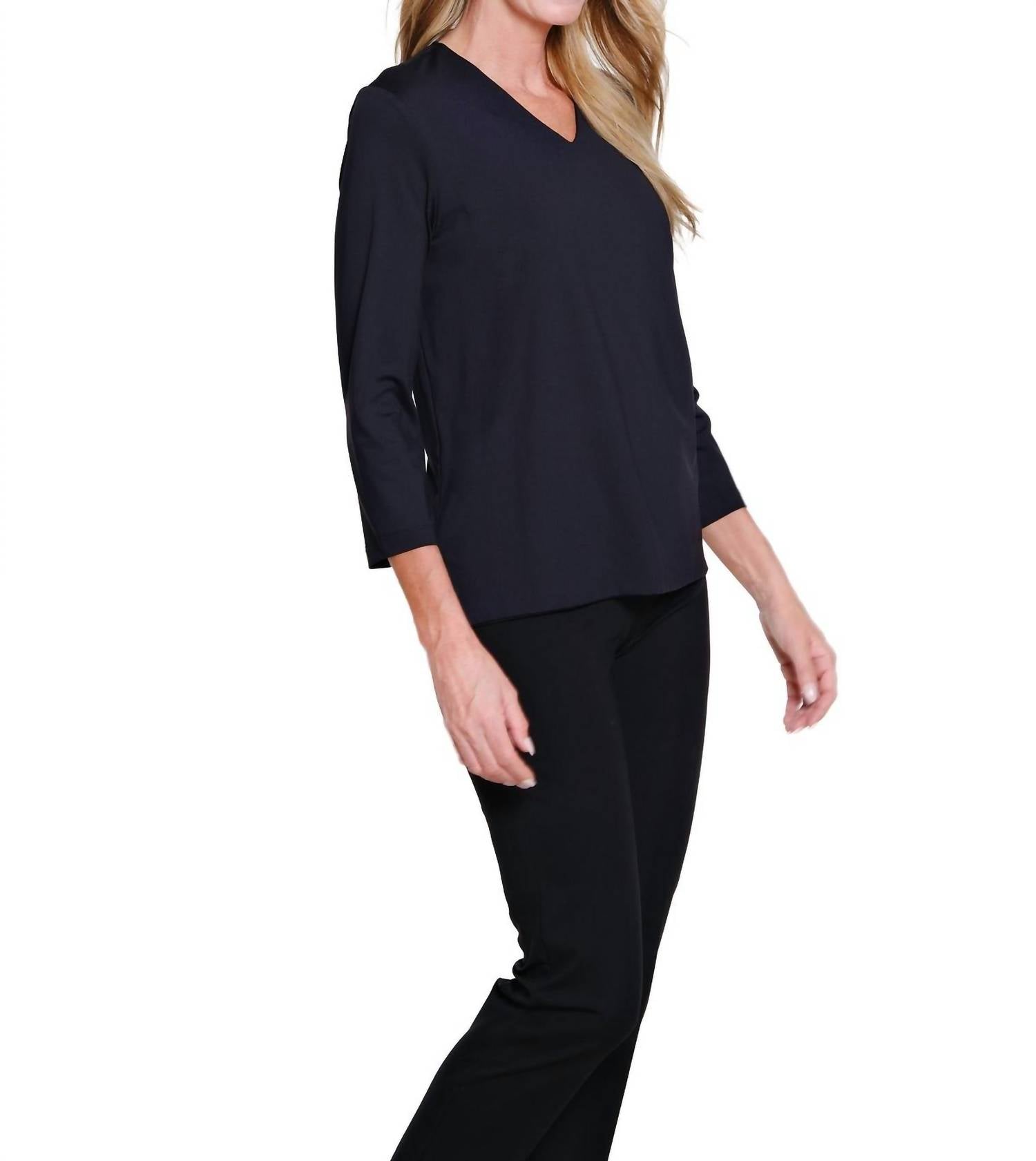 Multiples 3/4 Sleeve V Neck Top in black - women's long sleeve top - detail view
