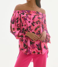 Joseph Ribkoff Senna Satin Floral Print Off Shoulder Top in pink purple black - women's blouse