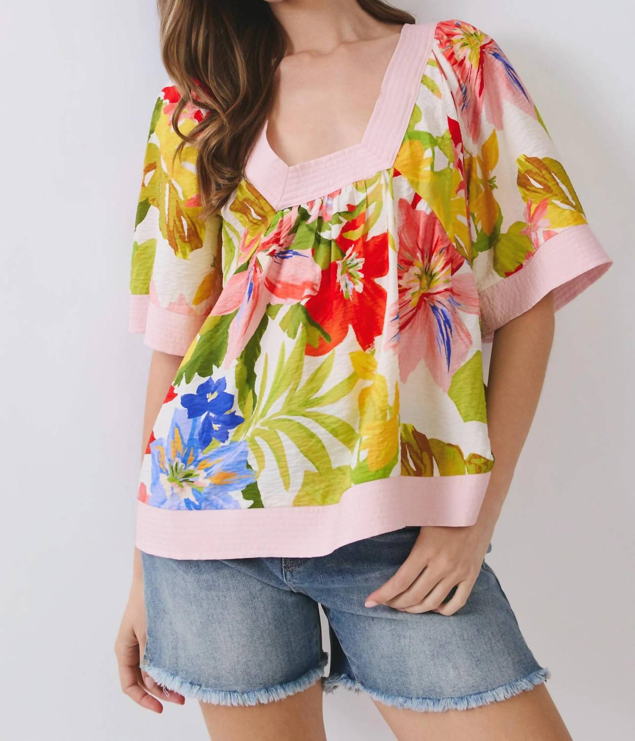 Tc East - Floral Square Neck Contrast Trim Blouse
