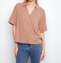 Charlie B - Short Sleeve Button-front Tencel Shirt Top