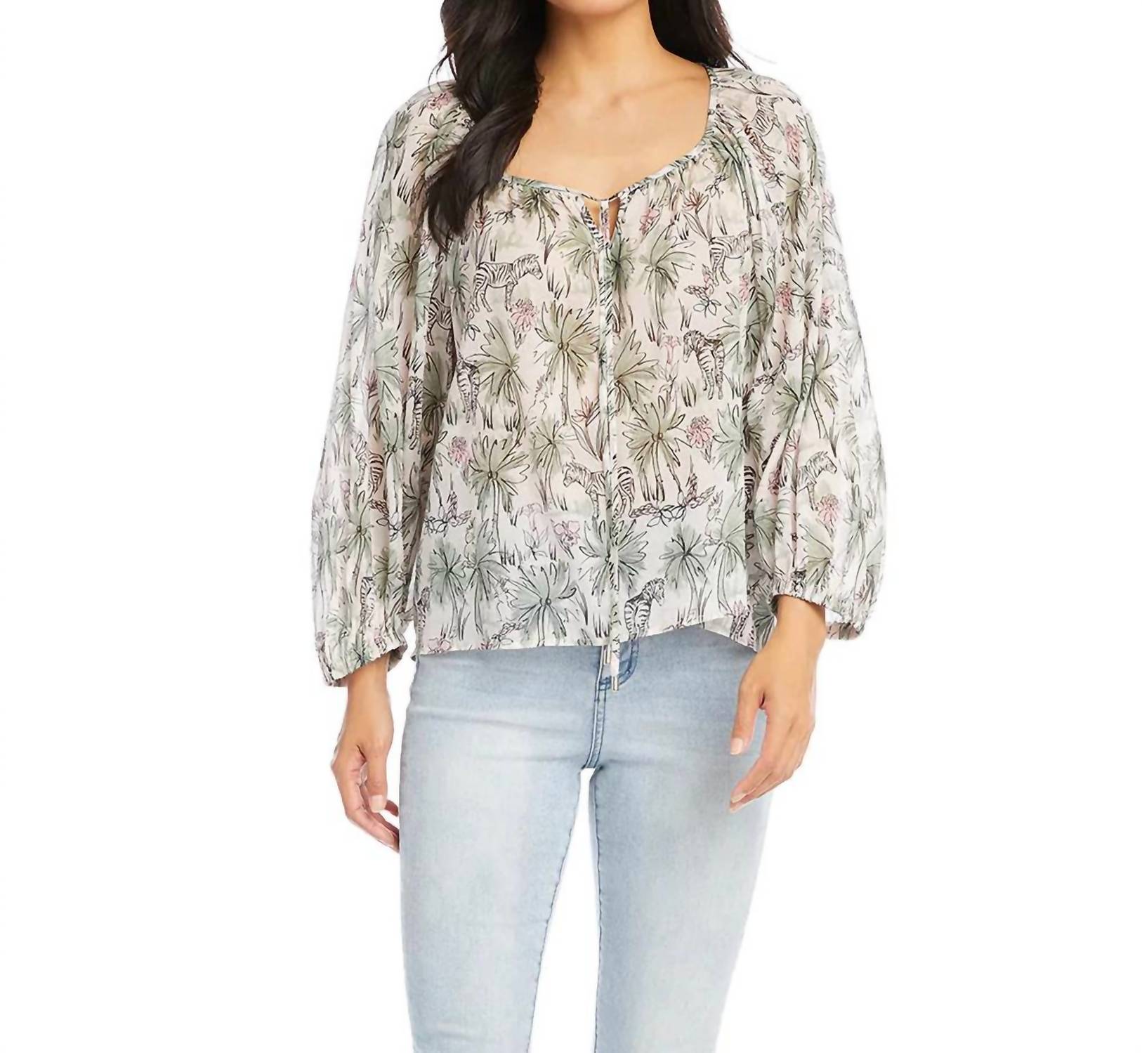 Karen Kane Zara Long Sleeve Lightweight Top in zebra tropical print - women's blouse