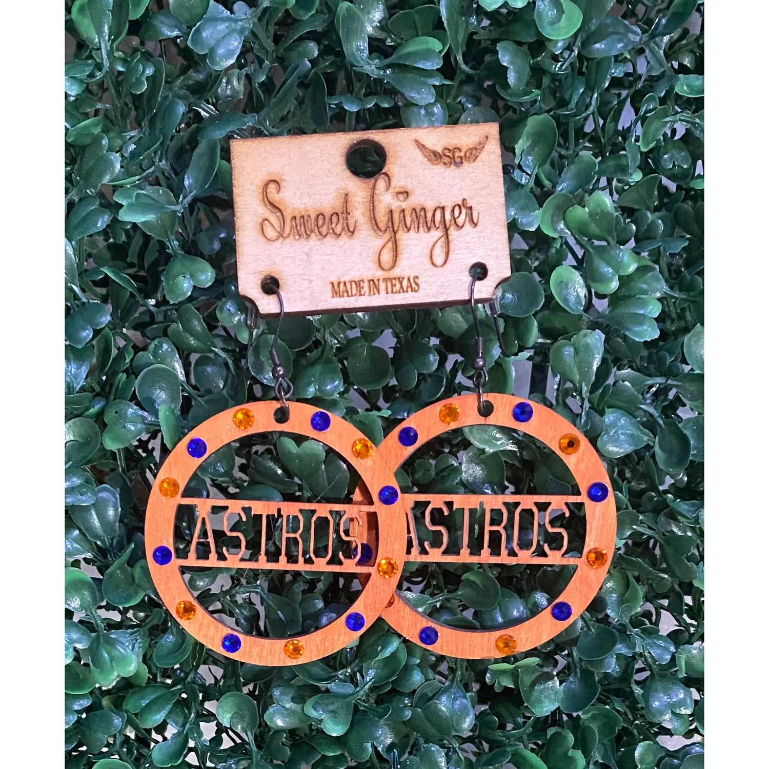 Sweet Ginger - Women's Astros Inspired Rhinestone Wooden Hoop Earrings