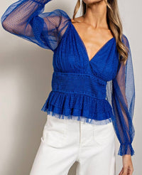 V Neck Mesh Dot Sleeve Blouse