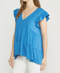 entro Tiered Ruffle Babydoll Top in french blue - women's blouse - alternate view