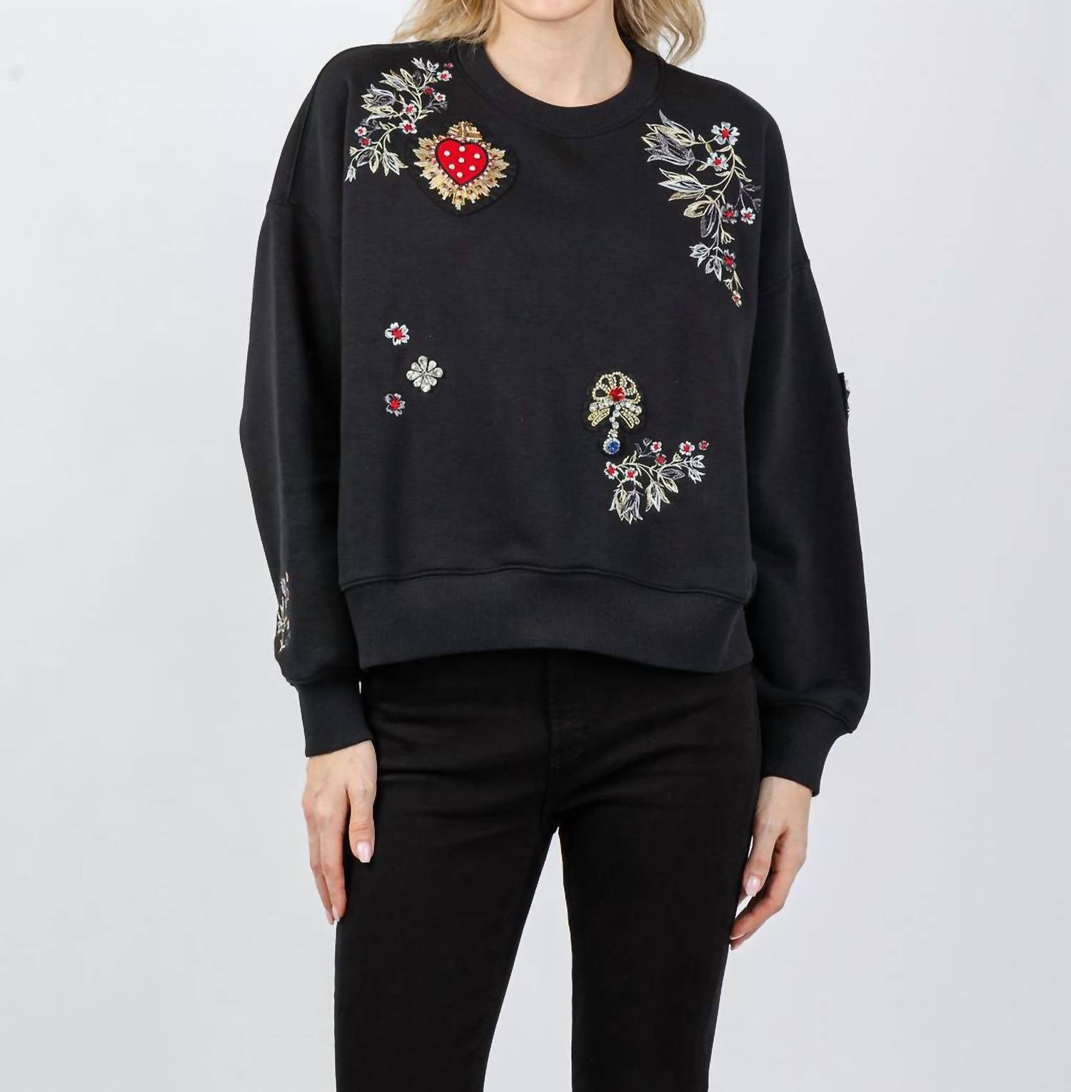 cinq a sept Heritage Patch Brandy Pullover Sweater in black multi - women's sweater