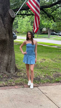 Day + Moon - Strapless Denim Mini Dress With Pleats