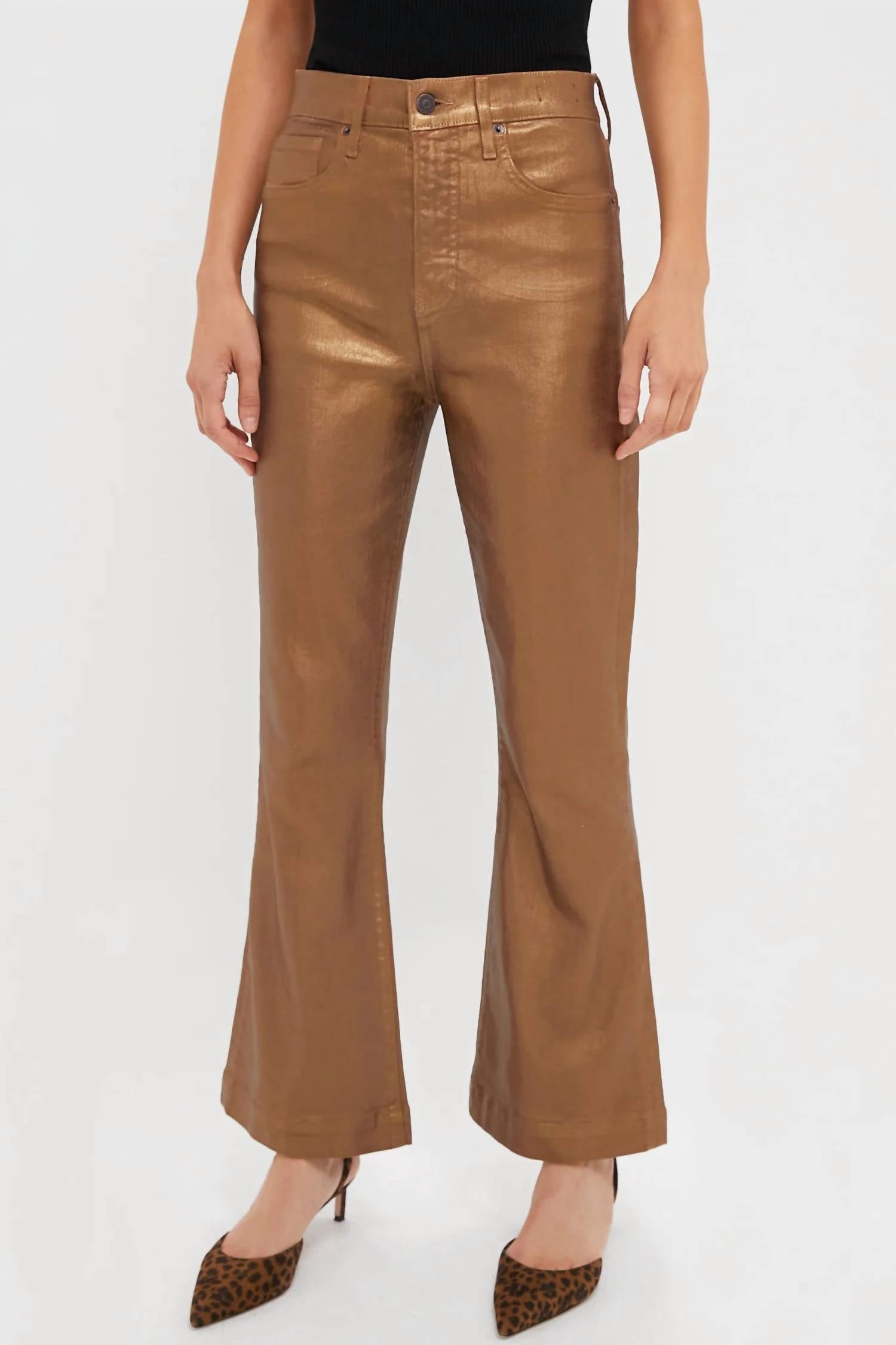 Veronica Beard Carson Ankle Flare Metallic Jeans in antique brass - women's jeans - detail view