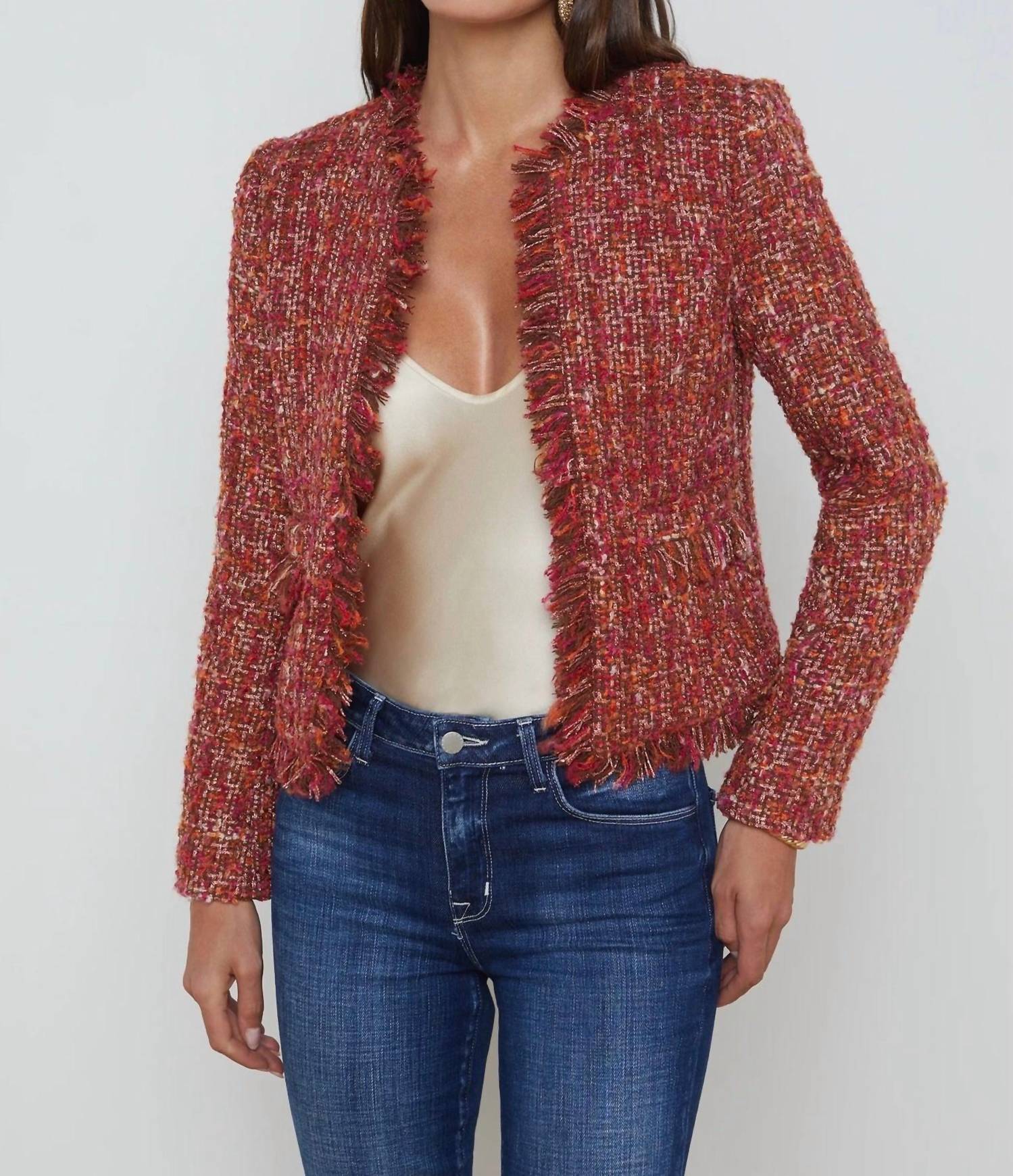 L'Agence Angelina Open-front Blazer in orange pink tweed - women's jacket