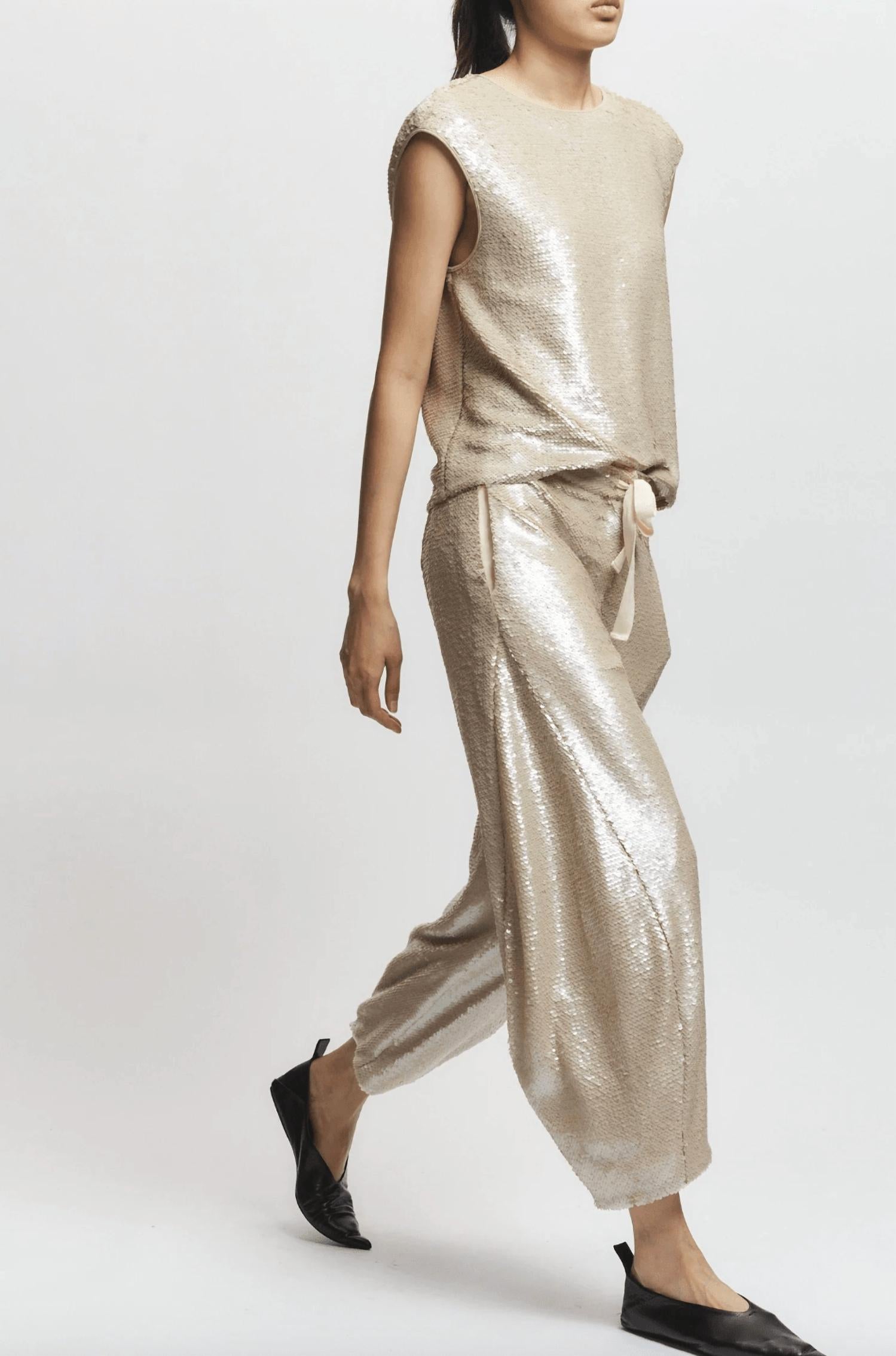Saint Art Shane Sequin Barrel Pant in pearl - women's pants - detail view