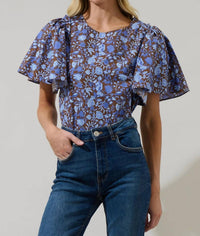 SUGARLIPS Princeton Floral Puff Sleeve Top in brown blue - women's blouse