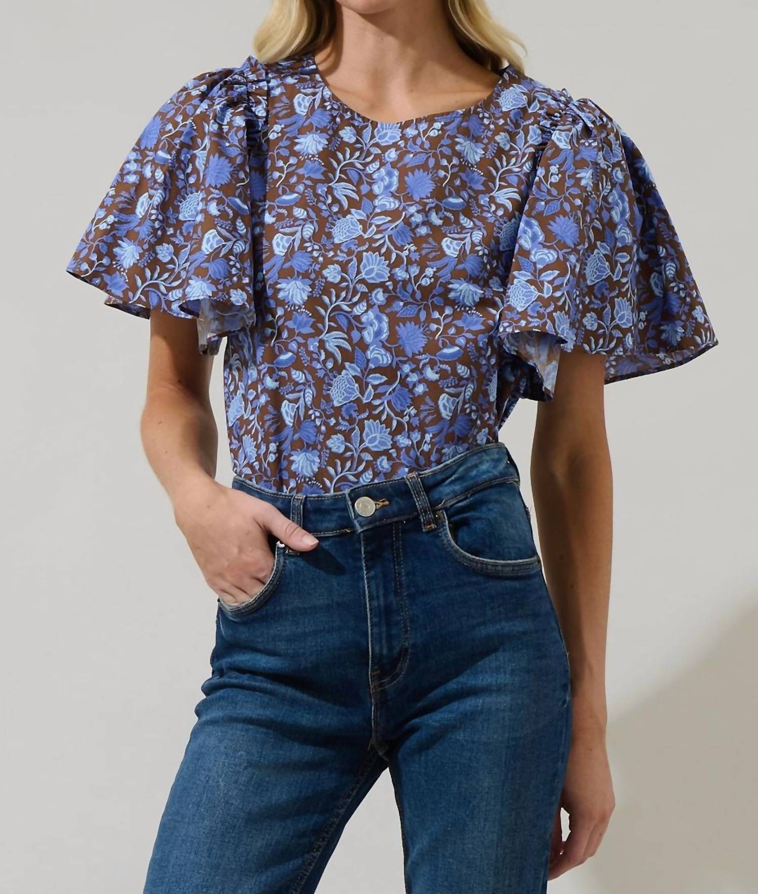 SUGARLIPS Princeton Floral Puff Sleeve Top in brown blue - women's blouse
