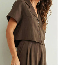 MIOU MUSE Bea Button Front Short Sleeve Top in brown - women's t-shirt - alternate view