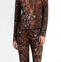 Johnny Was Mixed Media Henley T Shirt Top in leopard - women's long sleeve top