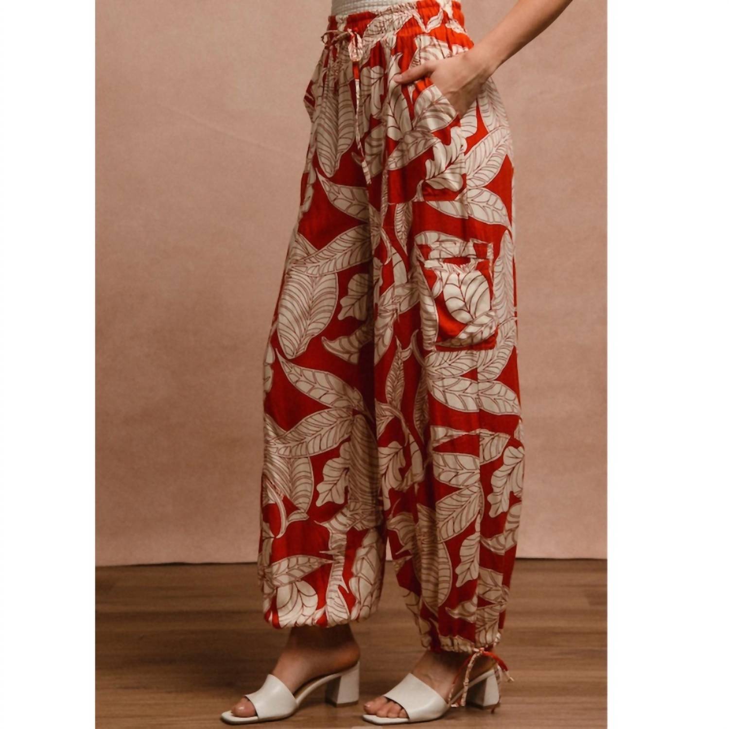 BiBi Woven Printed Balloon Pants With Drawstring in rust - women's pants - alternate view