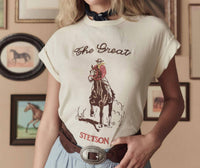 THE GREAT. Boxy Crew Stetson Graphic Tee in washed white - women's t-shirt