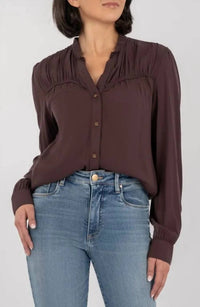 KUT FROM THE KLOTH Isley Button Shirt With Neck Ruffle in chocolate brown - women's shirt