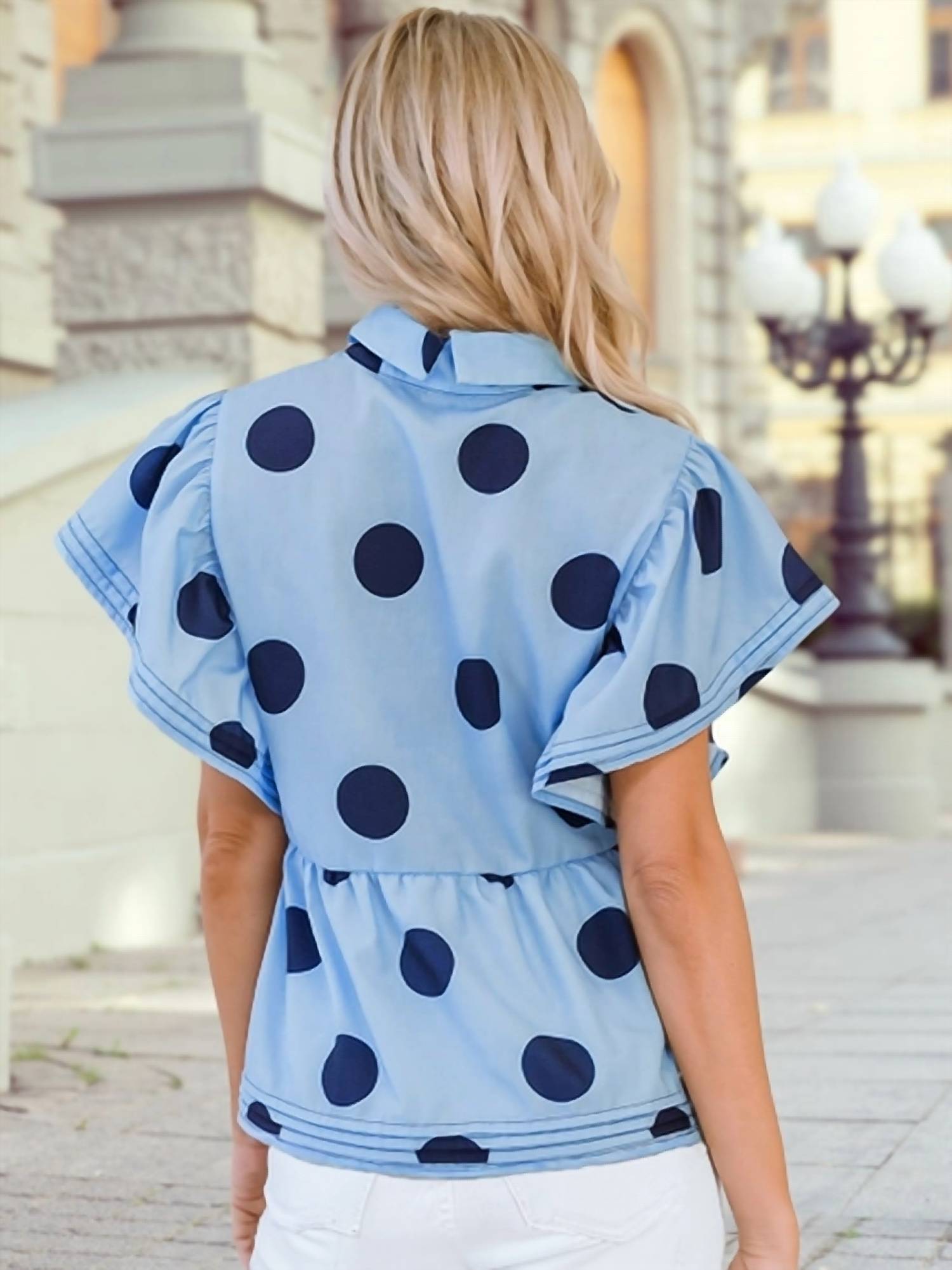1 The Woman - Polka Dot Print Ruffled Short Sleeve Buttoned Collared Blouse