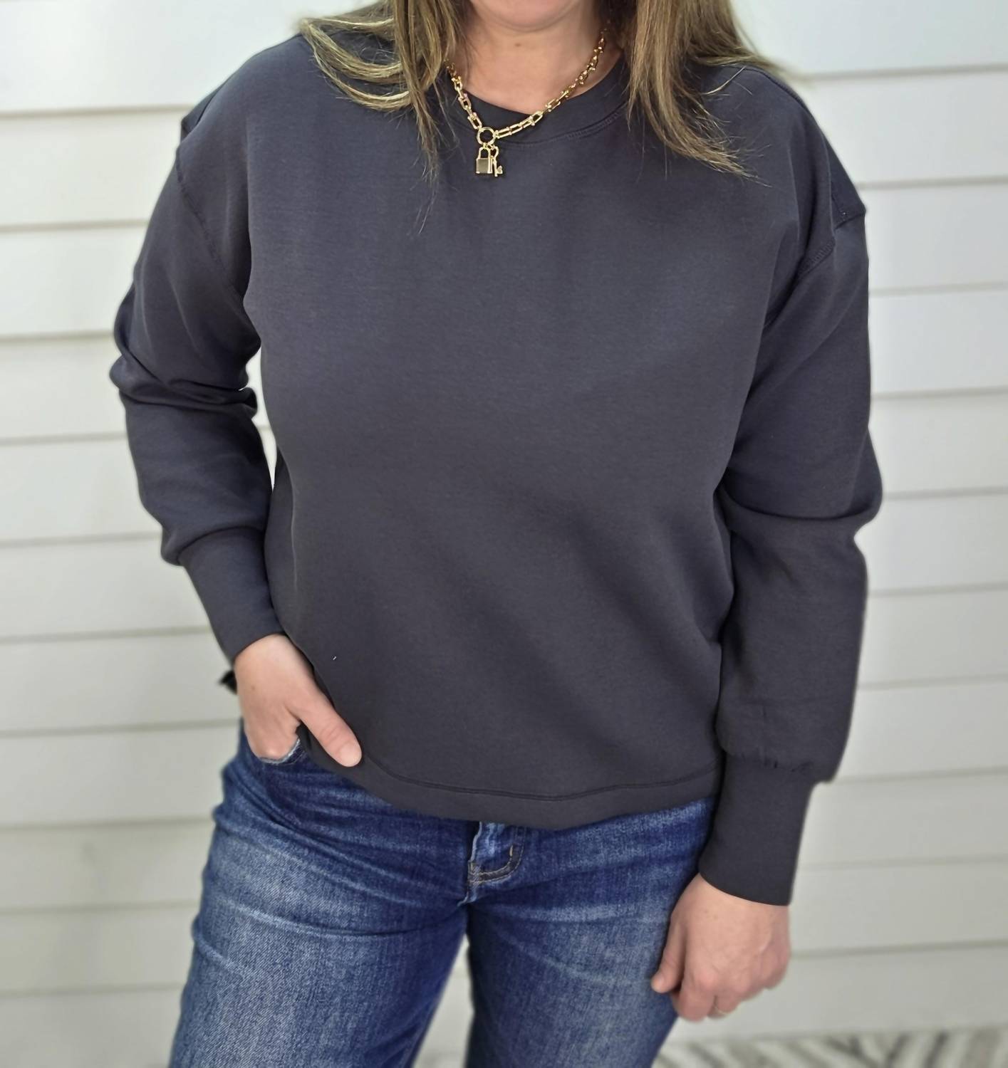 Keren Hart Scuba Pullover Sweater With Side Ties in charcoal - women's sweater - detail view