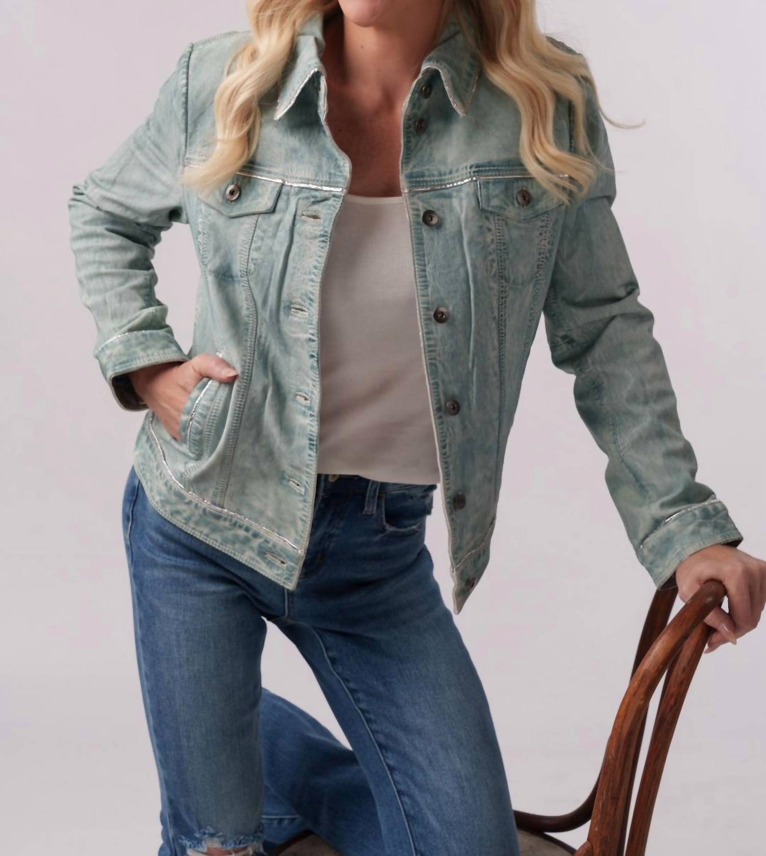 Scully Classic Leather Jean Jacket in light denim blue - women's jacket