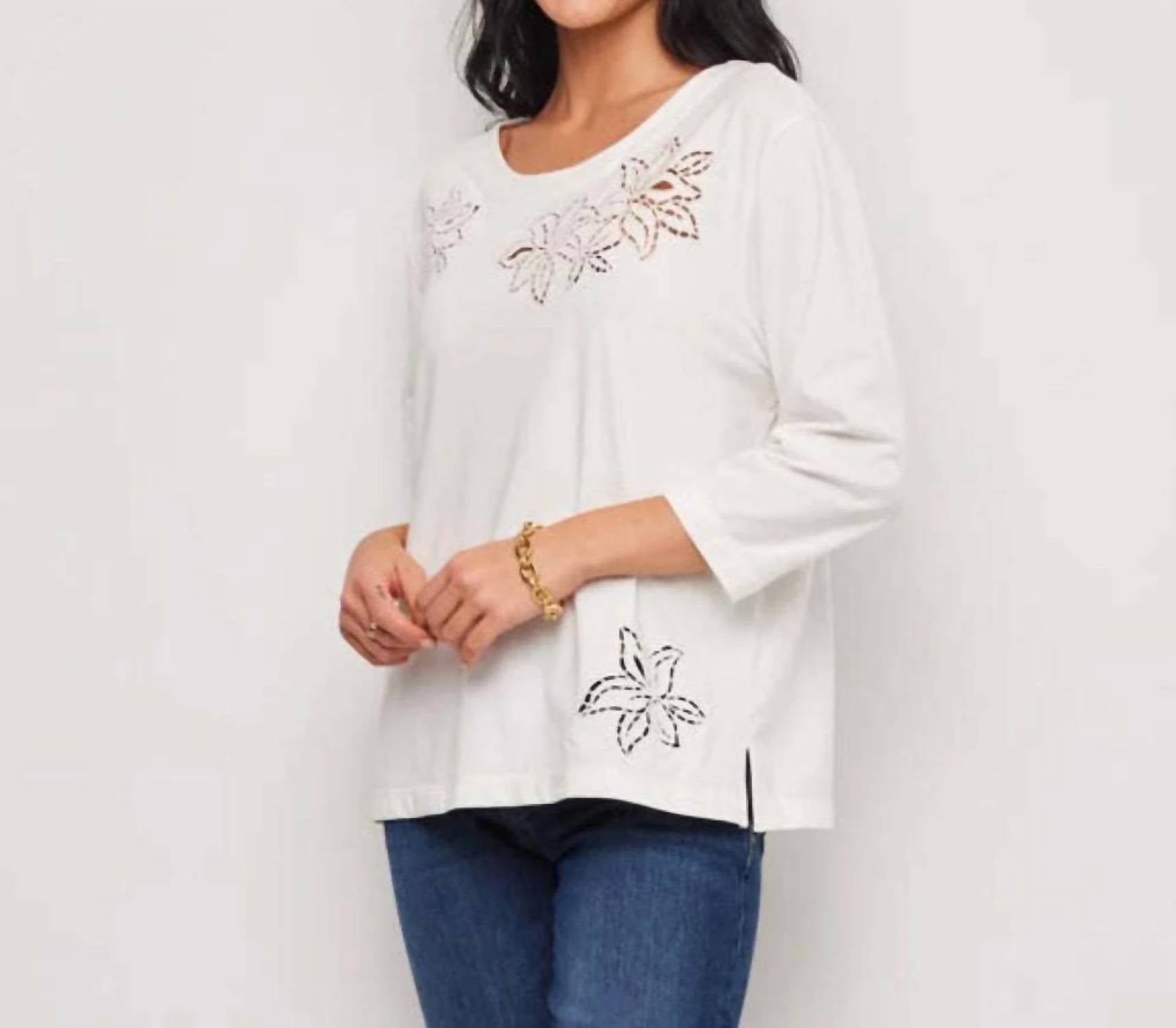 Karen Kane - 3/4 Sleeve Embroidered Cut-Out Boatneck Top