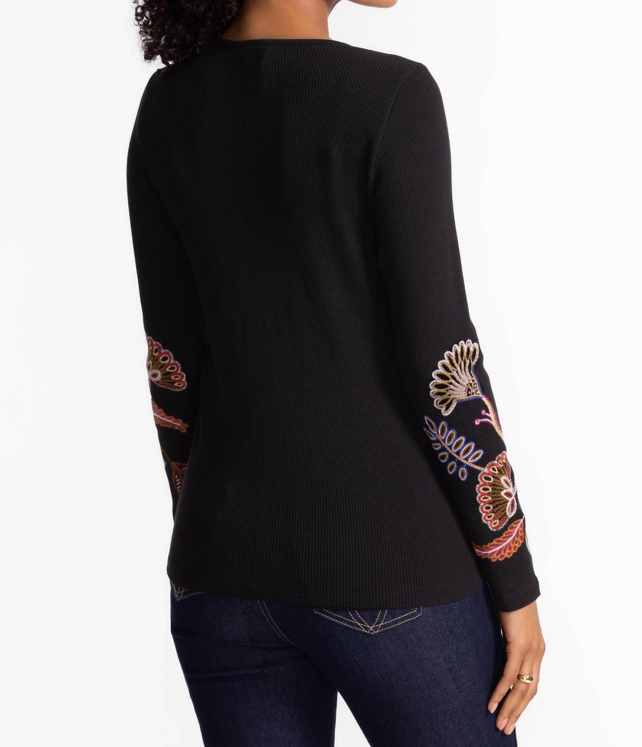 Johnny Was Gineva Long Sleeve Thermal Top in black - women's long sleeve top - detail view