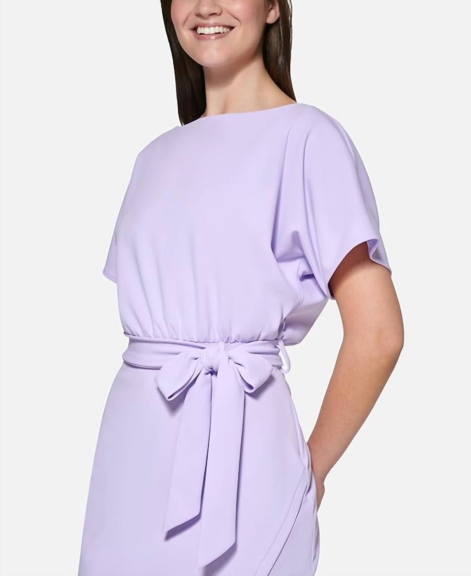 kensie Crepe Scuba Wrap Midi Dress in lavender - women's dress - detail view