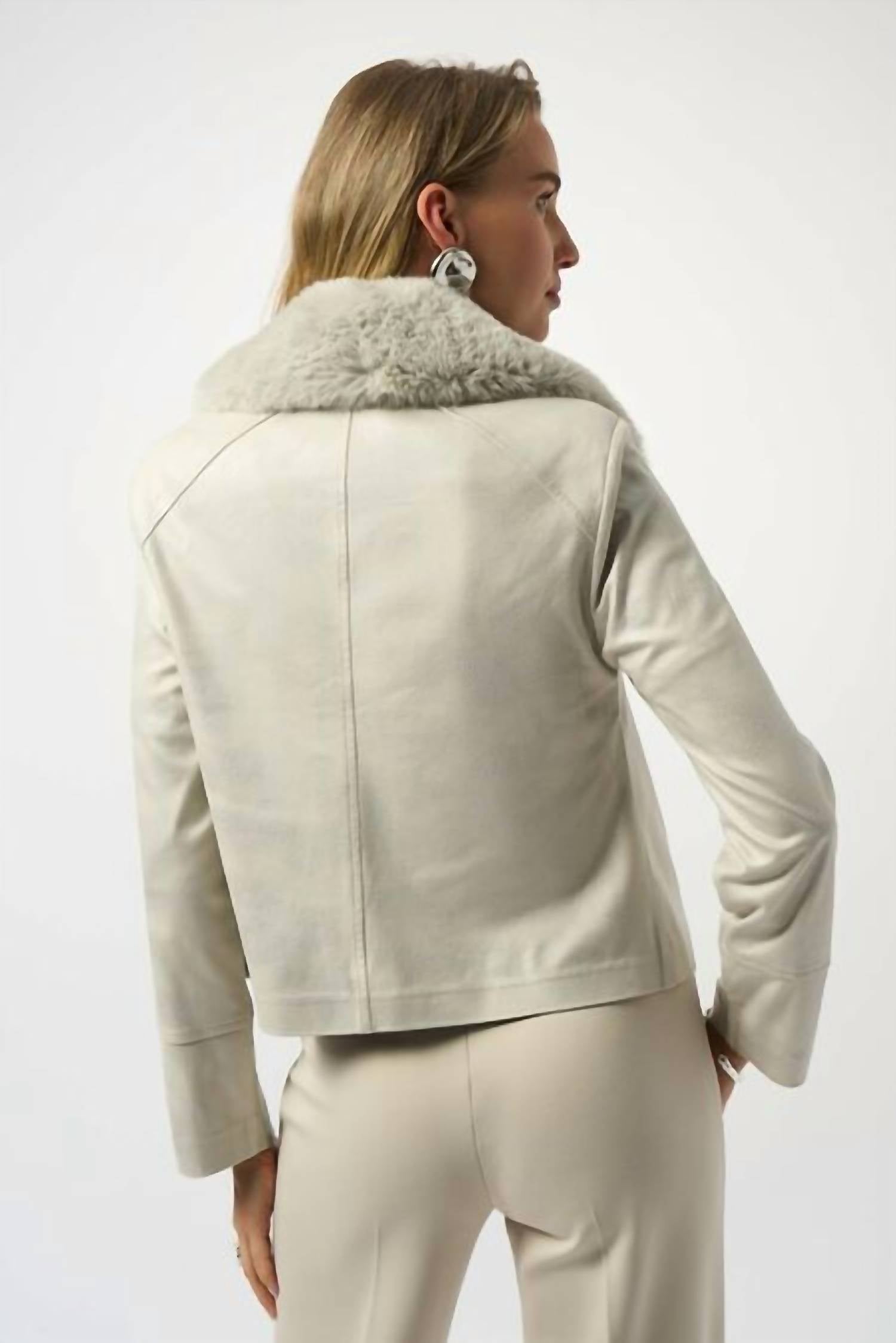 Joseph Ribkoff - Foiled Suede Swing With Faux Fur Collar Jacket