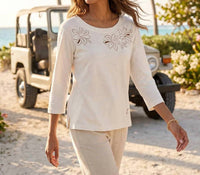 Karen Kane - 3/4 Sleeve Embroidered Cut-Out Boatneck Top