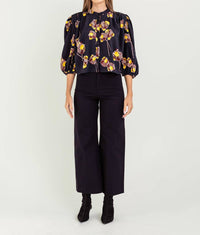 Bel Kazan Tabitha Cropped Blouse in black aralia floral - women's blouse - detail view