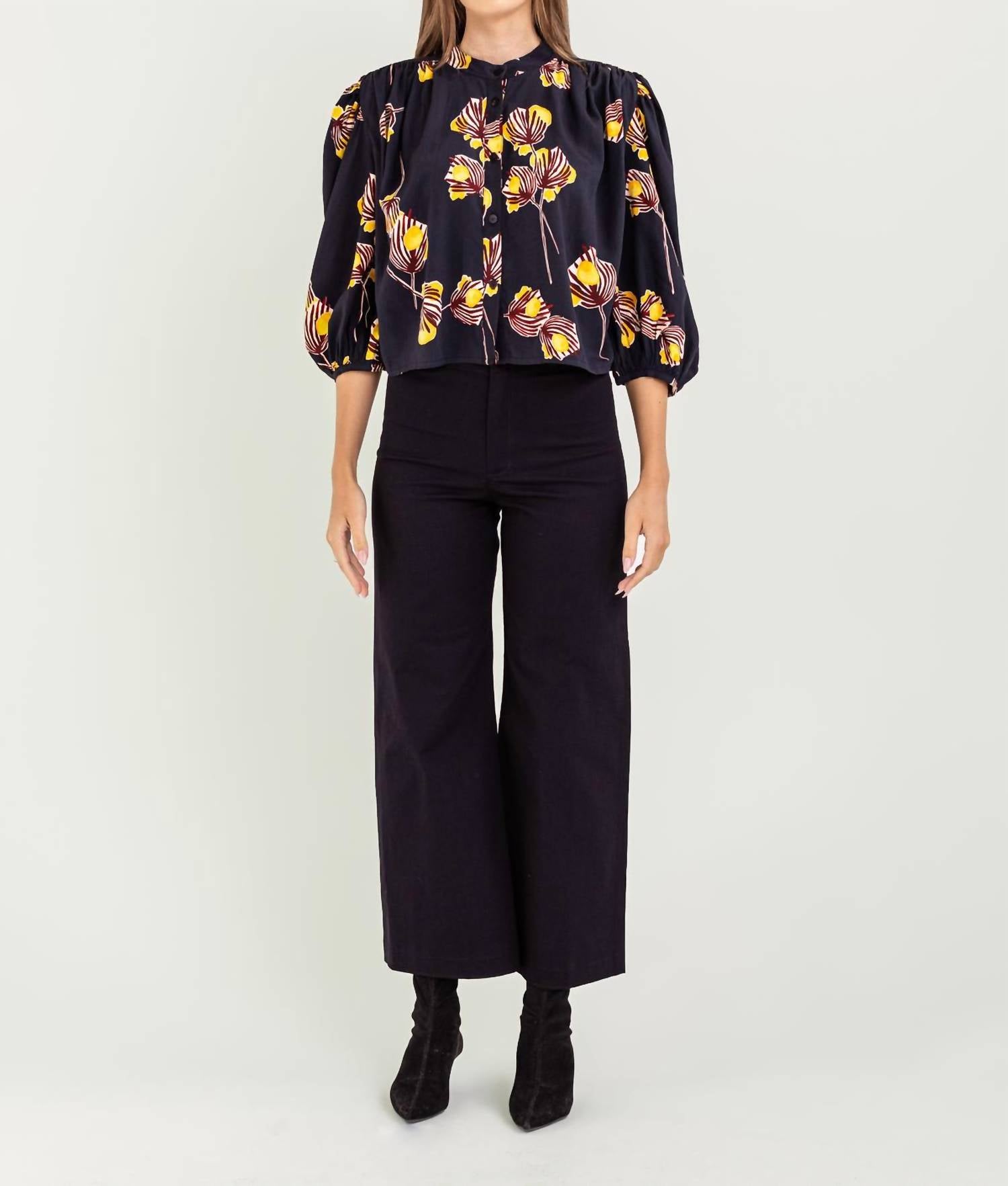 Bel Kazan Tabitha Cropped Blouse in black aralia floral - women's blouse - detail view
