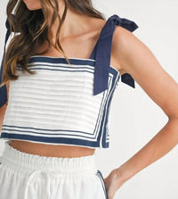 MABLE Chevron Linen Crop Top in white - women's shirt - detail view