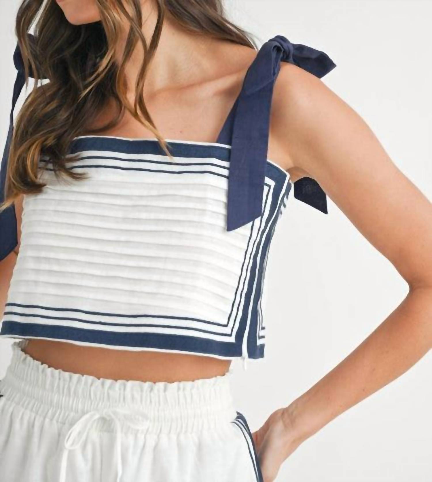 MABLE Chevron Linen Crop Top in white - women's shirt - detail view
