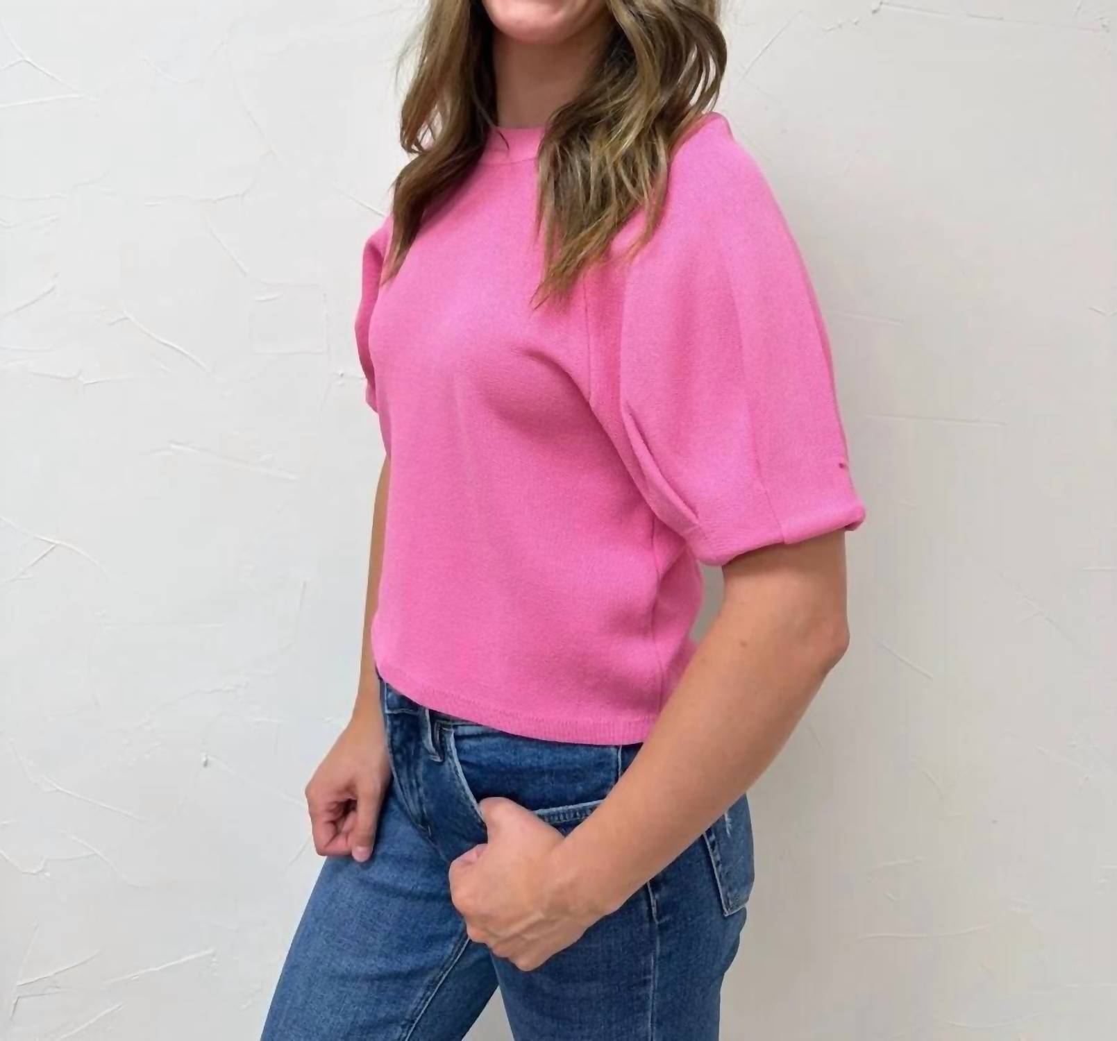 Entro - Solid Short Puff Sleeve Knit Top
