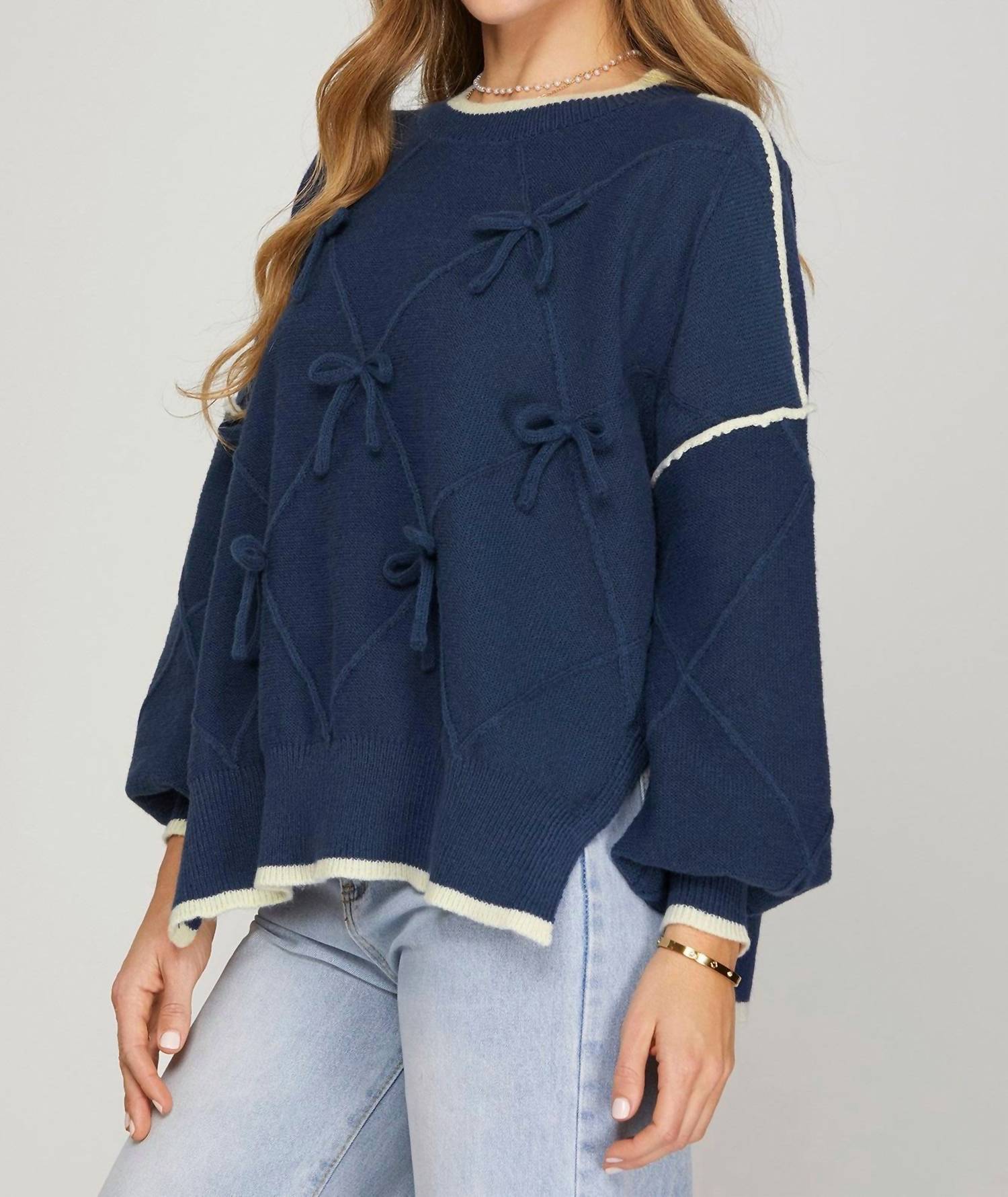 SHE + SKY Bow Detail Sweater Top in navy - women's sweater - detail view