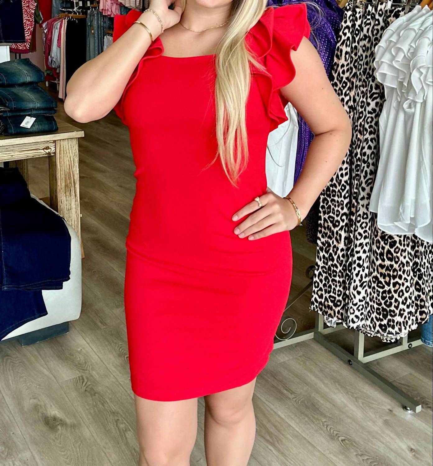 She + Sky - Ruffled Sleeve Heavy Knit Square Neck Mini Dress