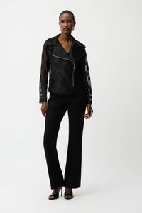 Joseph Ribkoff - Geometric Mesh Moto Jacket With Asymmetric Zipper